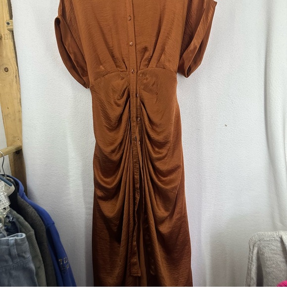 Steve Madden Satin Tie Waist Midi Shirt Dress Tori Mocha Bisque Size 14 - Picture 6 of 10
